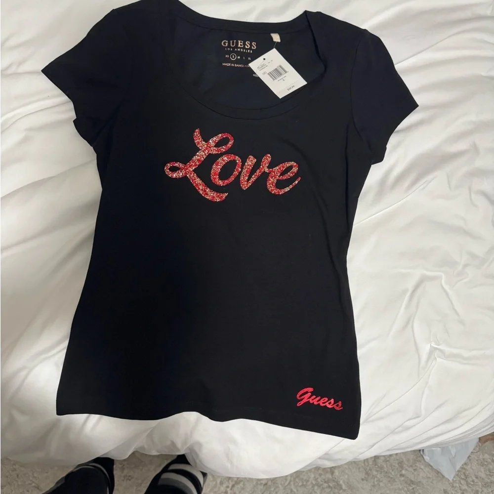 GUESS Black Tee with Red Love Graphic - Picture 1 of 4